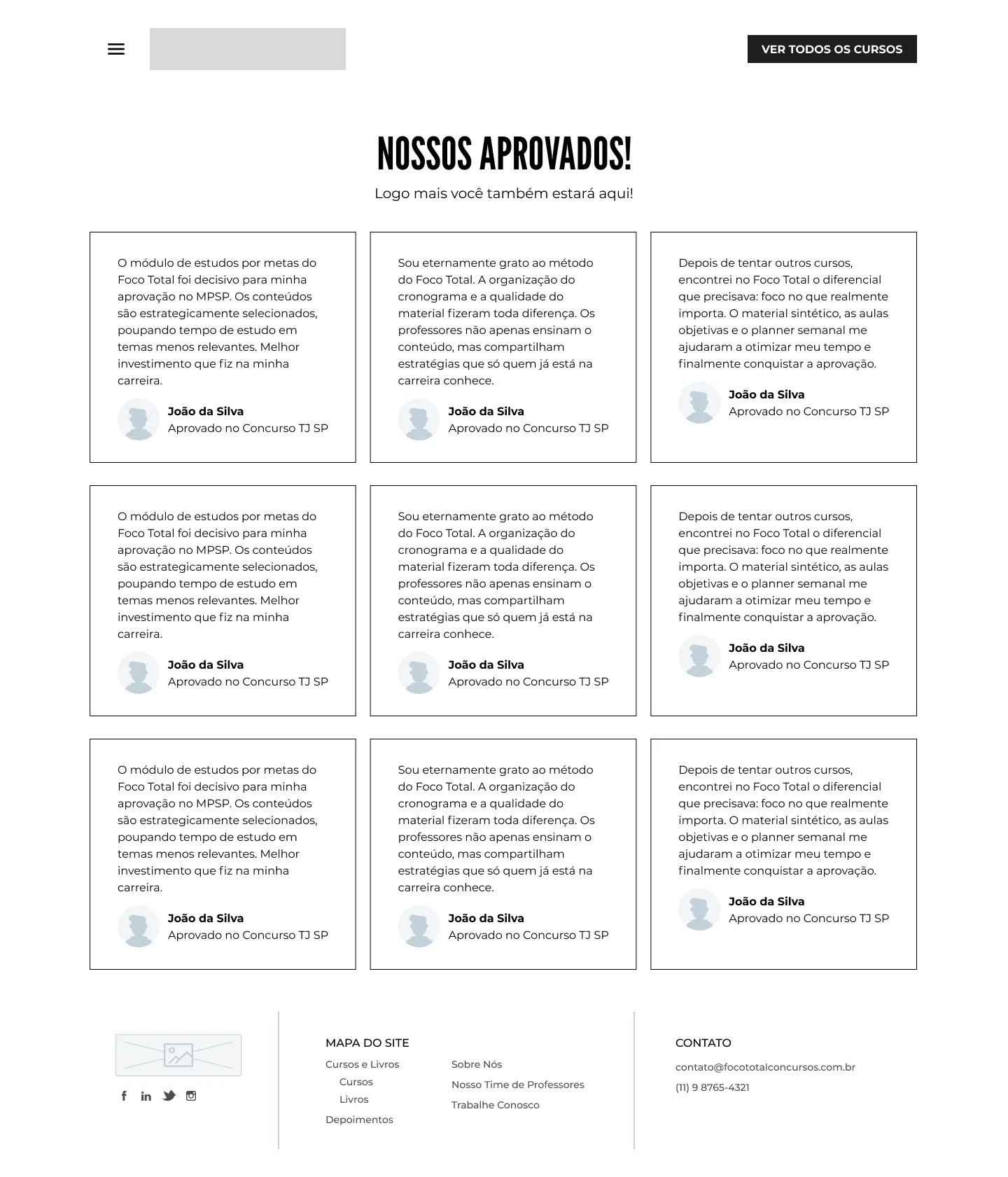 Wireframe da Página de Depoimentos